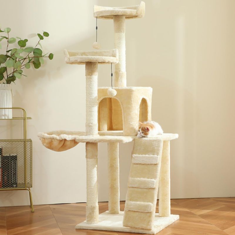 Photo 1 of  Cat Tree Cat Tower Condo Furniture Scratch Post with Natural Sisal Rope, Hammock & Cradle for Cats Kittens, Tall Cat Climbing Stand with Plush Perch & Toys (Beige)