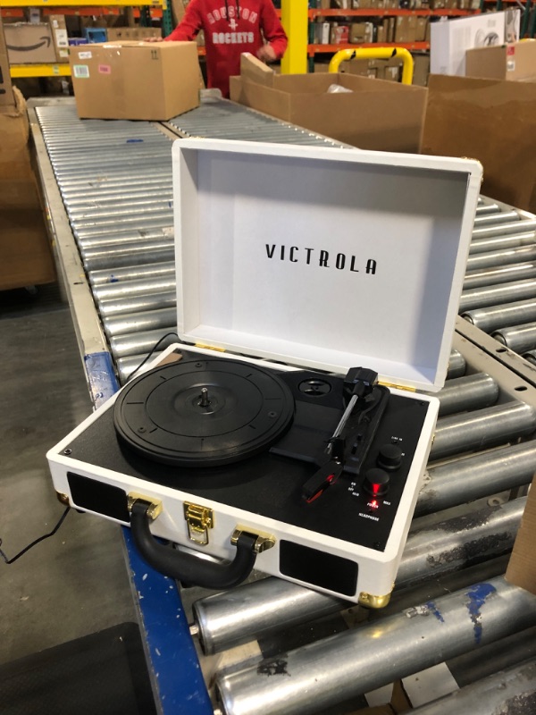 Photo 4 of Victrola Vintage 3-Speed Bluetooth Portable Suitcase Record Player with Built-in Speakers | Upgraded Turntable Audio Sound| White (VSC-550BT-WH) White Record Player
***Latch is broken***