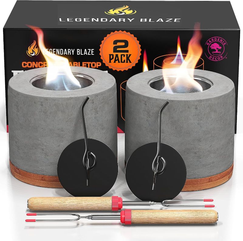 Photo 1 of 2 Pack Gardenix Decor Concrete Tabletop Fire Pit with Bamboo Base; Burns Ethanol and Multiple Fuels; 2 Extending Marshmallow Roasting Stick Forks; Table Top Fire Pit Bowl/Mini Tabletop Fireplace
***Missing stick forks***