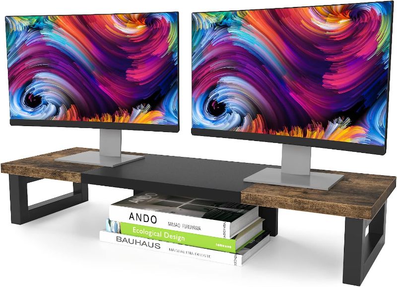 Photo 1 of  Dual Monitor Stand Riser, Sturdy Wood & Steel Computer Monitor Stand Riser for 2 Monitors, Multi-Purpose Desktop Organizer Riser for Computer,Laptop,Printer,TV