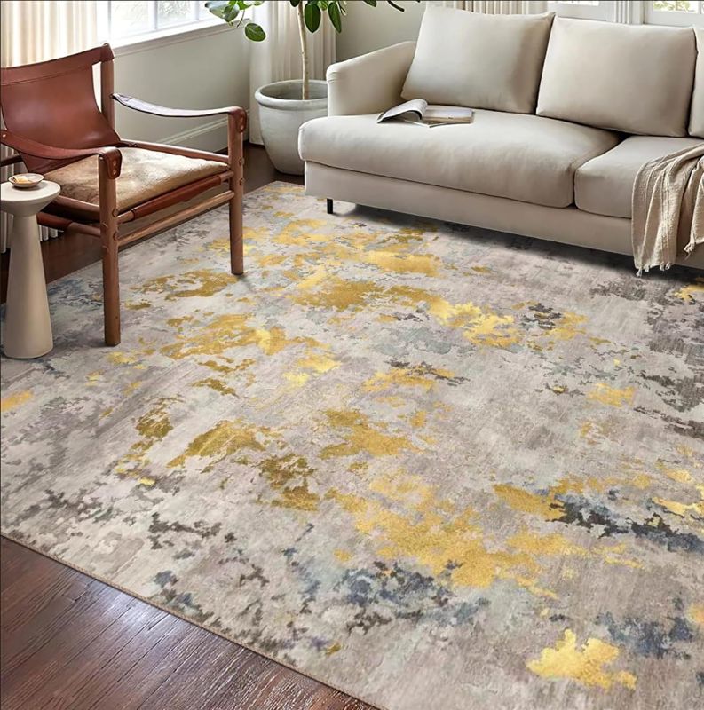 Photo 1 of  Washable Rug, Ultra Soft Area Rug 5x7, Non Slip Abstract Rug Foldable, Stain Resistant Rugs for Living Room Bedroom, Modern Fuzzy Rug (Grey/Gold/Navy, 5'x7')
