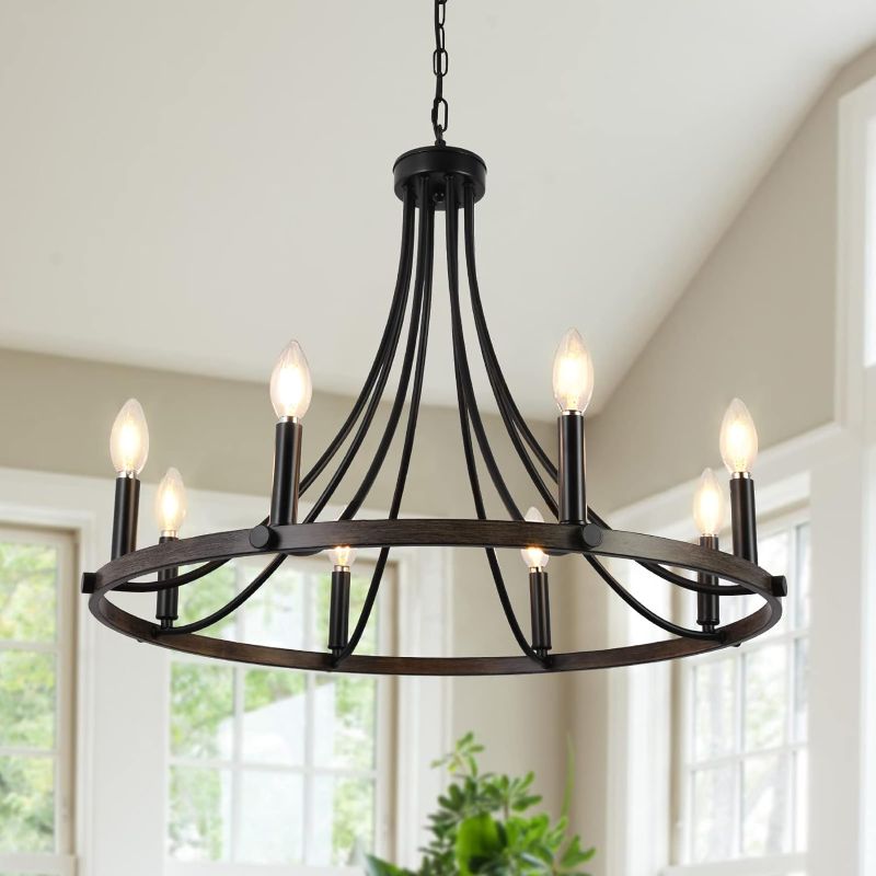 Photo 1 of  

TMMAYSUN Farmhouse Wagon Wheel Chandeliers, 8-Light Pendant Light Fixtures Vintage Black Chandelier Iron Light Fixture Ceiling Hanging for Dining Room...