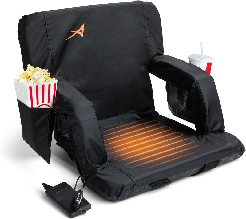 Photo 1 of Heated Stadium Seats for Bleachers with Back Support – USB Battery Included - Upgraded 3 Levels of Heat - Foldable Chair - Cushioned, 4 Pockets for Snacks, Cup Holder - for Camping, Games & Sports
***Stock photo shows a similar product, not exact*** 