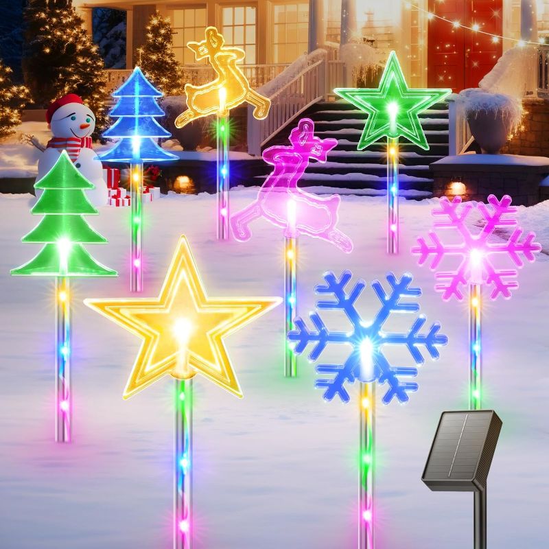 Photo 1 of 8 Pack Christmas Decorations Outside, RECHOO Colorful 4 Shapes Solar Christmas Lights with 32 LED and 8 Lighting Modes, Waterproof Solar Stake Lights Outdoor Christmas Decorations for Pathway Yard
