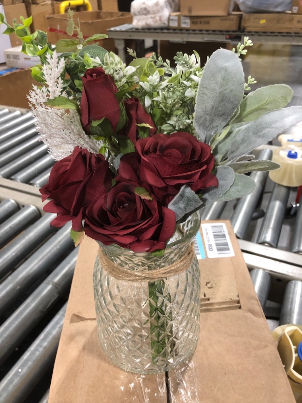 Photo 3 of Faux Flowers with Vase,Artificial Silk Roses in Vase, Fake Plant Eucalyptus Flower Arrangement for Home Office Farmhouse Bathroom Dining Table Centerpiece Decorations Coffee Table Decor (Burgundy)