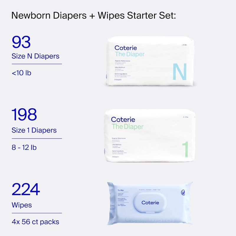Photo 1 of Coterie Newborn Diapers + 1 Wipes Baby Kit, Size NB (3 Packs) +  size 8-14 lbs  (5 Packs) , Wipes Made with Plant-Based Fibers, Hypoallergenic, Designed for Sensitive Skin, Clean Ingredients