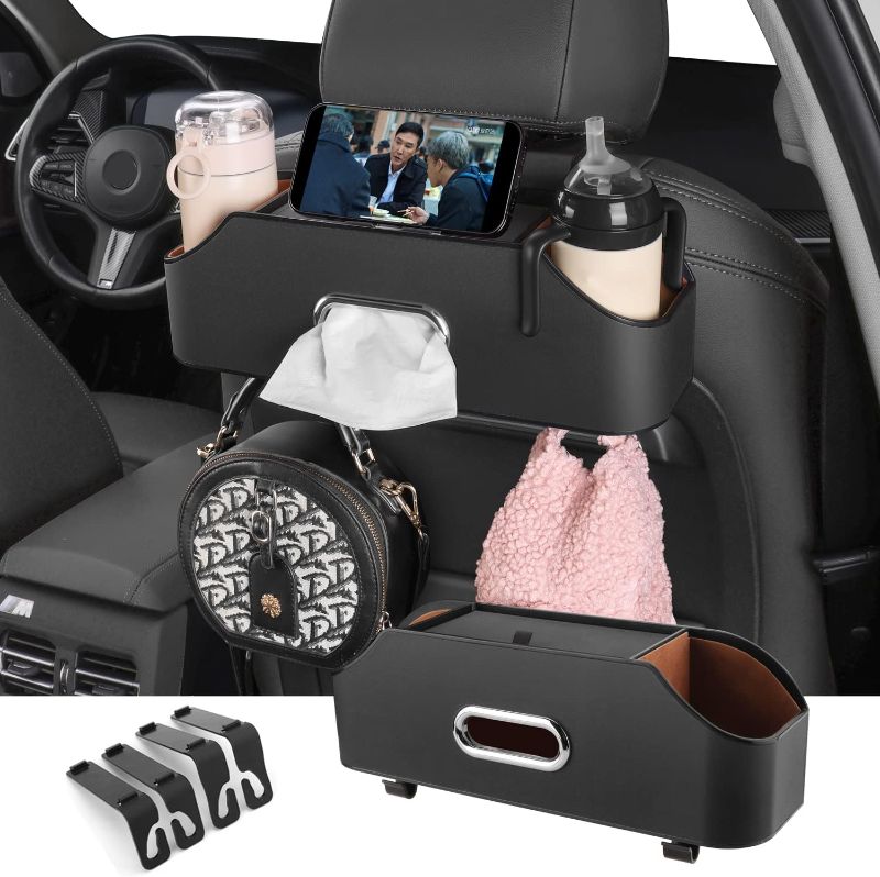 Photo 1 of HOLDCY Car Back Seat Organizer with 2 Drink Cup Holder - Tissue Box and Storage Box Hook - Multi-functional Storage - Great for Kids and Travel (Black)
