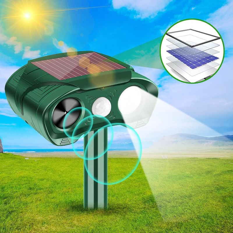 Photo 1 of  Ultrasonic Animal Repeller Solar Powered Outdoor,Deer Repellent Devices with Motion Sensor Flashing Light Waterproof Animal Deterrent for Deer Raccoon Cat Squirrel Skunk Dog Rabbit Coyote More
