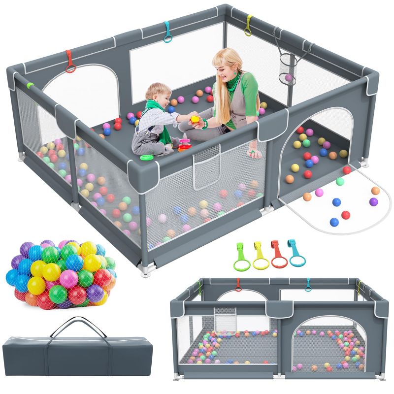 Photo 1 of Baby Playpen, 79" x 63" Extra Large Play Yard Playpen for Babies and Toddlers with 50 Ocean Balls, Indoor & Outdoor Safety Baby Activity Center with Breathable Mesh, Anti-Slip Suckers and Zipper Gate