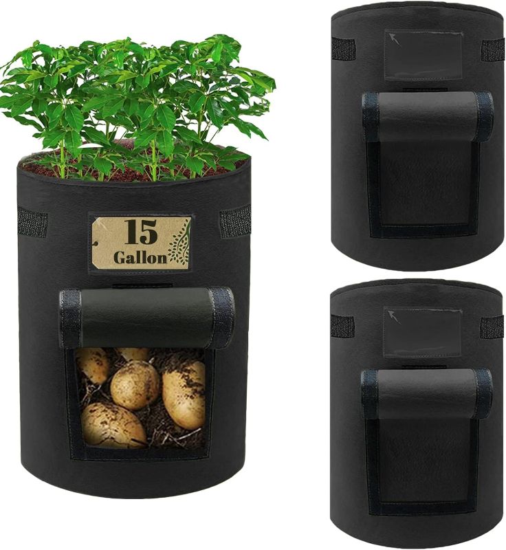 Photo 1 of 15 Gallon Potato Planter Grow Bags with Flap, Grow Containers Bucket, Nonwoven Fabric Garden Pot for Growing Potatoes Tomato Vegetables, Pack of 2 15 Gallon Black-2pack