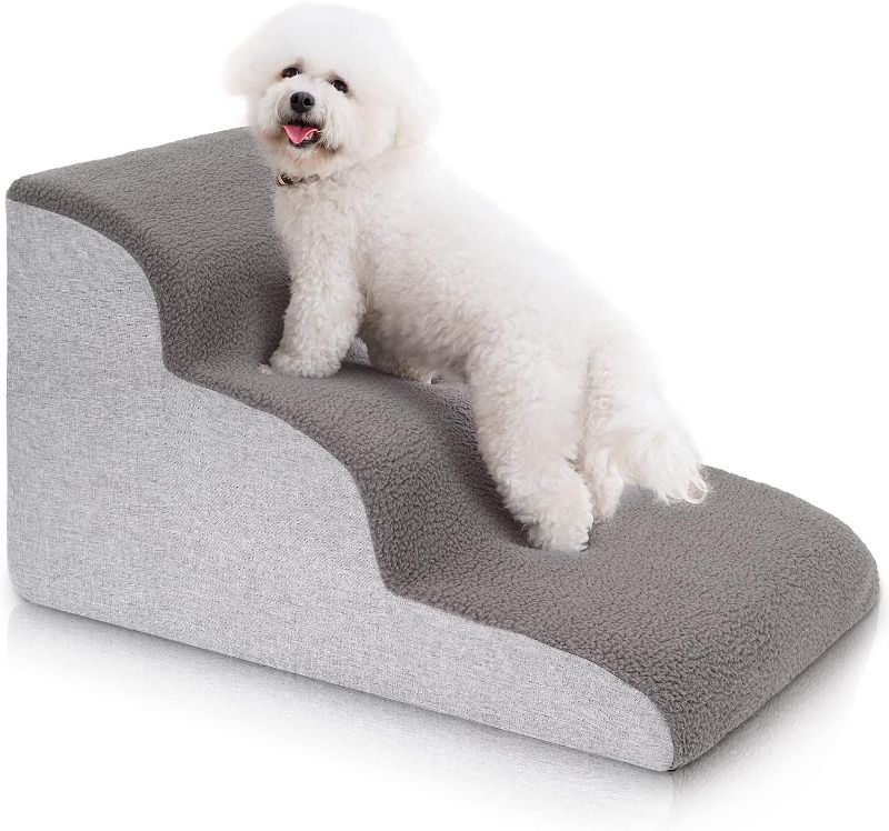 Photo 1 of ***** NEEDS CLEANED **** Uross Dog Stairs for Small Dogs- Dog Steps Stairs Ramps for Bed Couch, High Density Foam Pet Steps Stairs for Dogs to Get on Bed, 3 Tiers Cat Doggy Steps Ramps for Joint Pain Dog(Grey)
