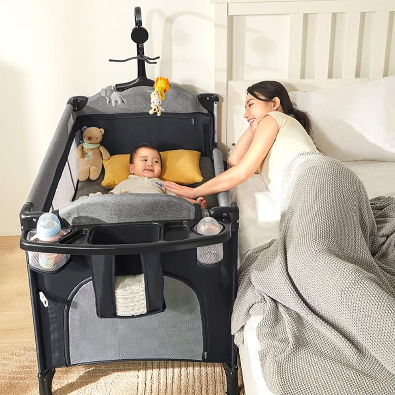 Photo 1 of 5 in 1 Baby Crib,Bedside Sleeper,Baby Bassinet, Bedside Cribs with Mattress, Foldable Baby Playard, Portable Travel Crib for Girl Boy Infant Newborn (Grey)