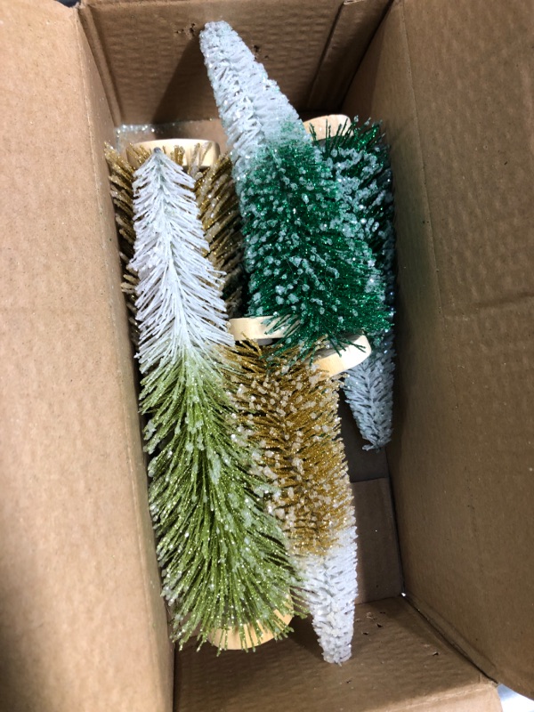 Photo 2 of 9Pcs Mini Christmas Trees Christmas Decor Artificial Christmas Decorations with 4 Sizes, Christmas Tree Bottle Brush Trees Christmas Table Decorations (Green Golden Yellow)