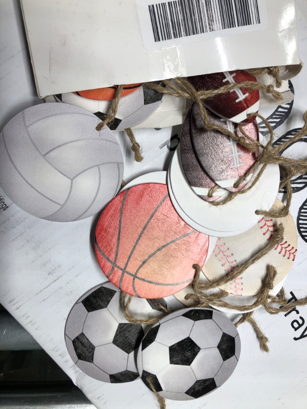 Photo 2 of 25 Pieces Christmas Sports Ball Ornaments Set Double-Sided Christmas Wooden Ball Ornaments Soccer Basketball Volleyball Hanging Xmas Wood Crafts Tree Decorations for DIY Christmas Tree Party Decor