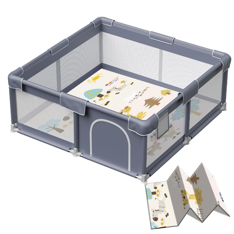 Photo 1 of Baby Playpen with Mat, 50x50 Inch Playpen with Mat Waterproof for Babies and Toddlers Play Pen Playards Safety Gate Fence Active Center Indoor 50x50 Inch Dark Grey + Mat