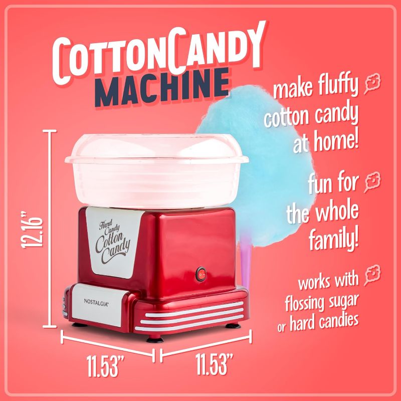 Photo 1 of *******HEATS UP BUT DOESN'T SPIN FOR PARTS***  Nostalgia Retro Countertop Cotton Candy Maker & Flossing Sugar, Includes 2 Reusable Cones, 1 Sugar Scoop, and 1 Extractor Head, Retro Red & Cotton Candy Flossing Sugar, 48 Ounces Retro-red Candy Maker + Floss
