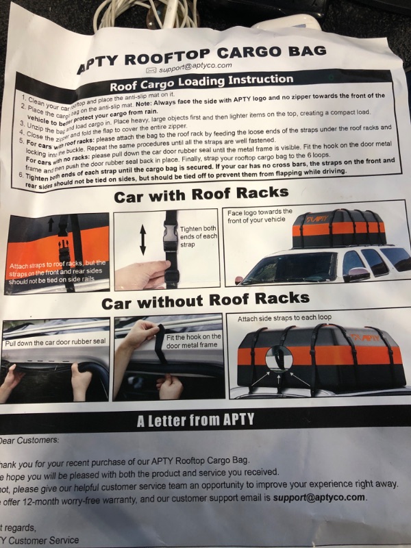 Photo 1 of APTY 21 Cubic Feet Car Rooftop Cargo Bag Carrier, Soft Roof Top Luggage Bag for All Vechicles with/Without Racks - with Waterproof Zip, Luggage Lock, Anti-Slip Mat, Storage Bag, Door Hooks 21" Orange - with Lock