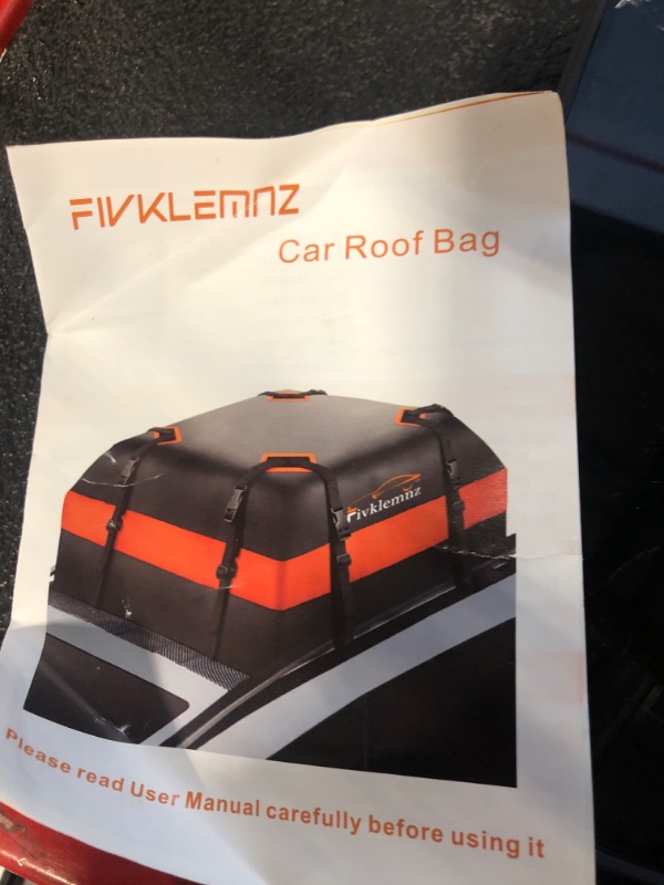 Photo 1 of FIVKLEMNZ Car Rooftop Cargo Carrier 15 Cubic, Waterproof Roof Bag Top Luggage Storage Carriers for All Vehicle with/Without Rack Cross Bar Including Anti-Slip Mat+ 8 Reinforced Straps+ 4 Door Hooks Classic Version 15 Cubic Feet