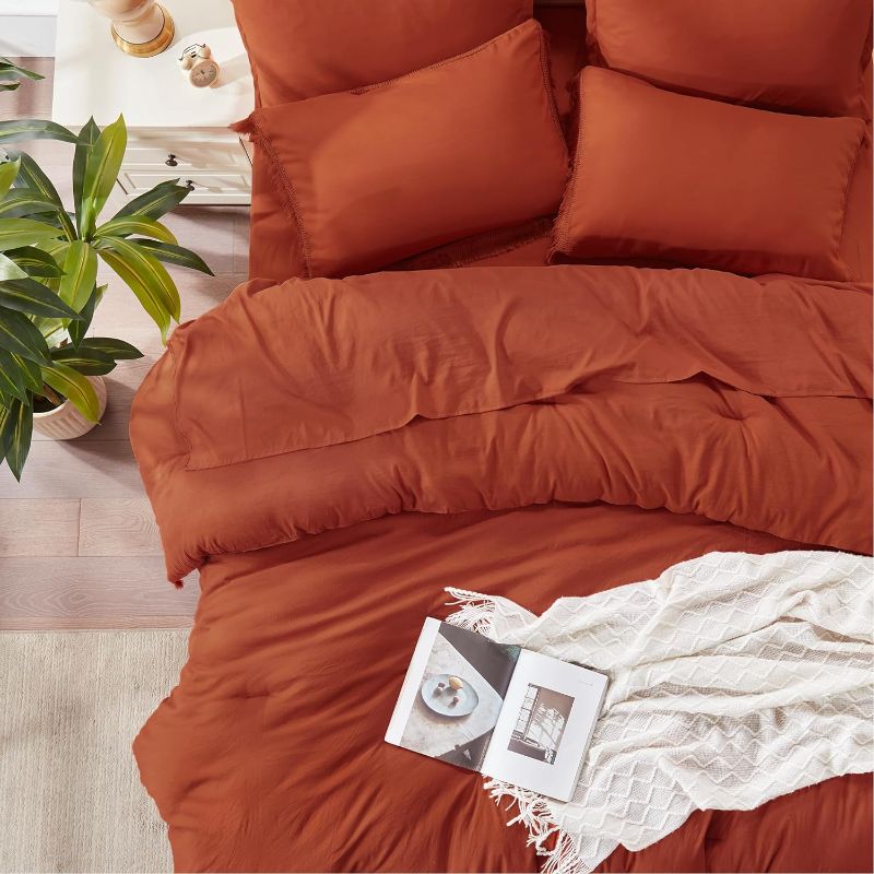 Photo 2 of Andency QUEEN Size Comforter Set with Sheets Burnt Orange - 7 Pieces Bed in a Bag Boho Soft Lightweight Bedding Sets, Terracotta Rust Tassel Bed Set with Comforter, Sheets, Pillowcases & Shams