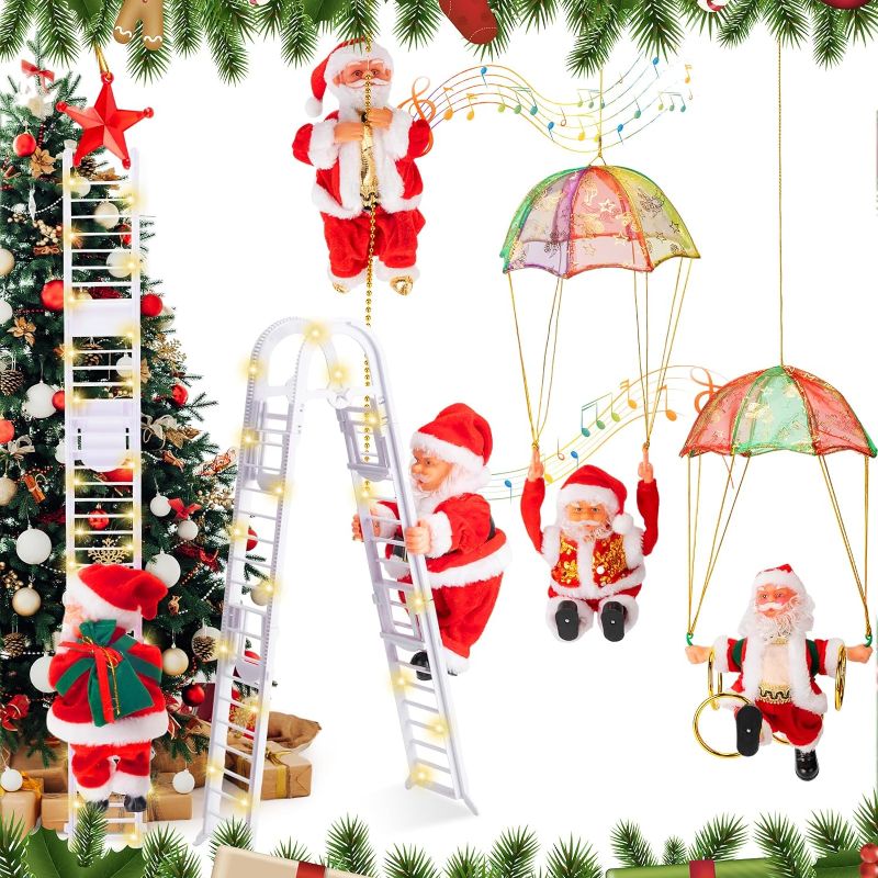 Photo 1 of 2 Pieces Electric Climbing Santa Claus Climbing up and Down Ladder with Parachute Santa for Christmas Tree Santa Claus Plush Doll Toy with LED for Indoor Outdoor Christmas Holiday Decoration
