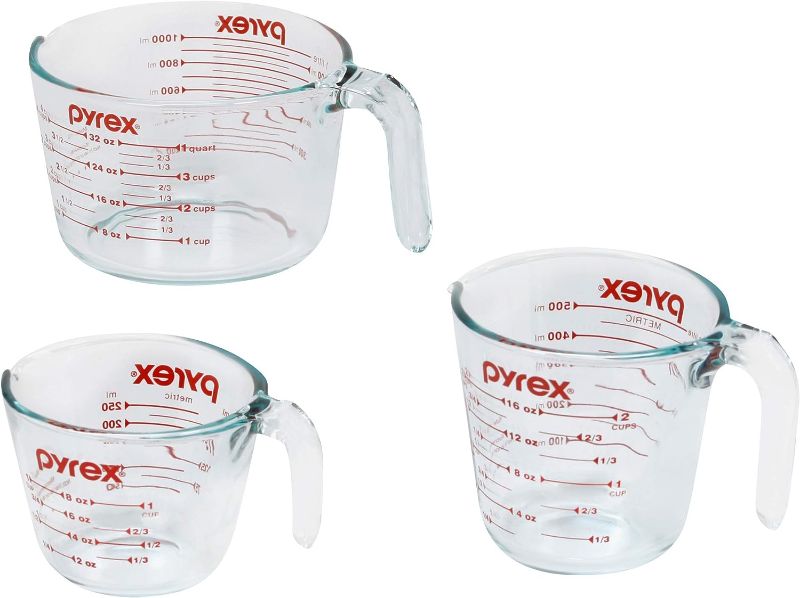 Photo 1 of 
Pyrex 3 Piece Measuring Cup Set, Includes 1, 2, and 4 Tempered Glass Liquid Measuring Cups, Dishwasher, Freezer, Microwave, and Oven Safe, Essential Kitchen Tools