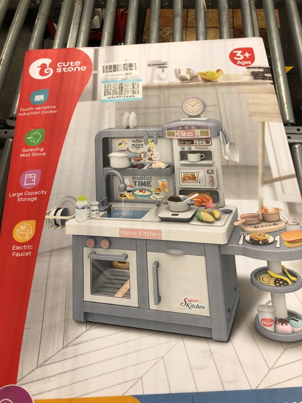 Photo 2 of CUTE STONE Play Kitchen with Lights & Sounds, Kids Kitchen Playset with Play Sink, Cooking Stove with Steam, Play Oven & Microwave and 48Pcs Toy Accessories Set, Kitchen Toy Gift for Ages 3+ Gray