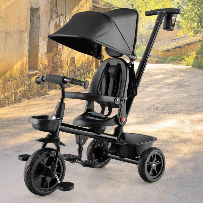 Photo 2 of 4 in 1 Toddler Tricycle with Detachable Guardrail for 1-5 Years Old, Reversible Kids Trike, Toddler Bike with Adjustable Canopy, Storage, Tricycle for Toddler (Black)