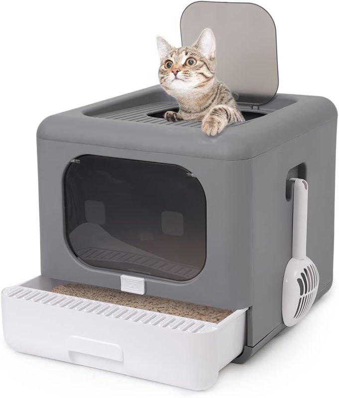 Photo 1 of Foldable Enclosed Cat Litter Box, Cat Potty with Front Door & Top Entry, Pull-Out Drawer Type, Cat Toilet with Lid, Easy Cleaning and Anti-Splashing Cat Litter