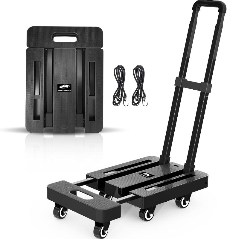 Photo 1 of 
Roll over image to zoom in







SPACEKEEPER Folding Hand Truck, 500 LB Heavy Duty Luggage Cart, Utility Dolly Platform Cart with 6 Wheels & 2 Elastic Ropes for Luggage, Travel, Moving, Shopping, Office Use, Black