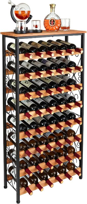 Photo 1 of 48 Bottles Floor Wine Rack with Wood Top, Freestanding Wine Bottle Organizer Shelf, Wobble-Free 8 Tier Wine Display Storage Stand for Kitchen Pantry,