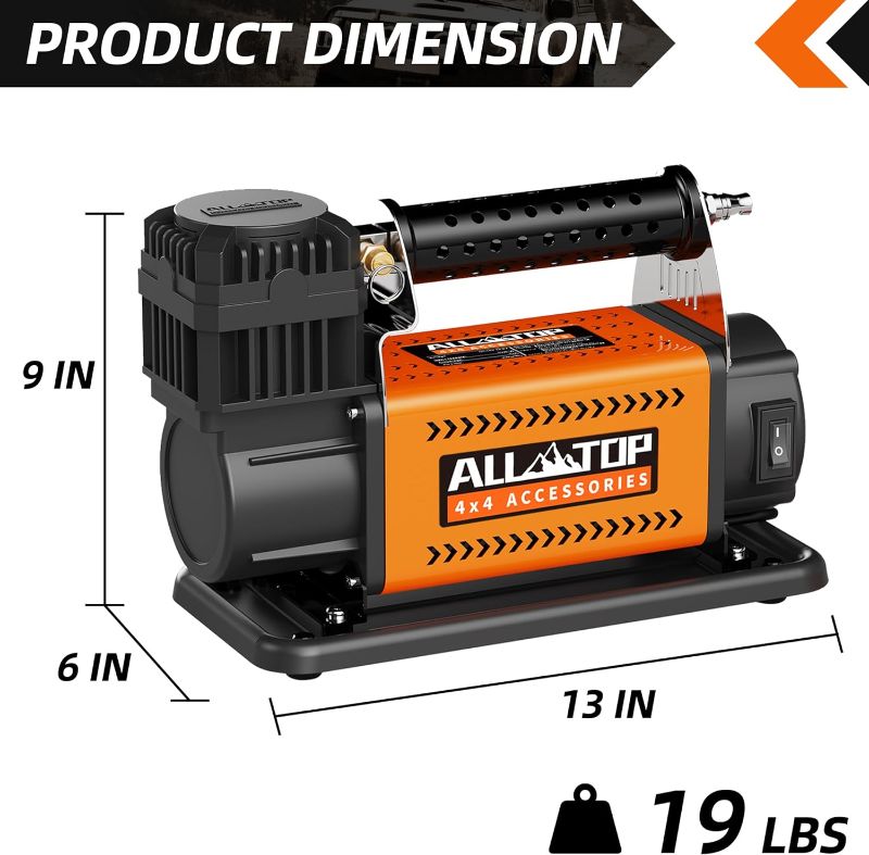 Photo 1 of 
Roll over image to zoom in







4 VIDEOS
ALL-TOP Air Compressor Kit, 12V Portable Inflator 7.06CFM, Offroad Air Compressor for Truck ,Air Pump for Car Heavy Duty, Max 150PSI for SUV 4x4 Vehicle RV Tire