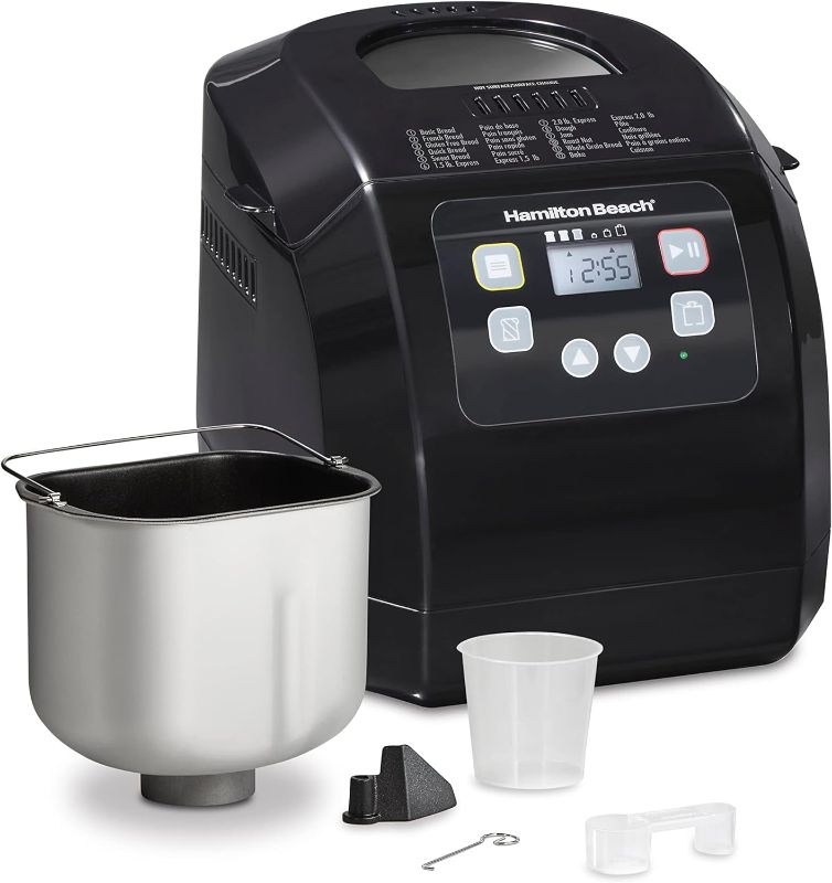 Photo 1 of 
Hamilton Beach Bread Maker Machine, Digital, Programmable, 12 Settings + Gluten Free, Dishwasher Safe Pan + Kneading Paddle, 2 lb Capacity, Black 