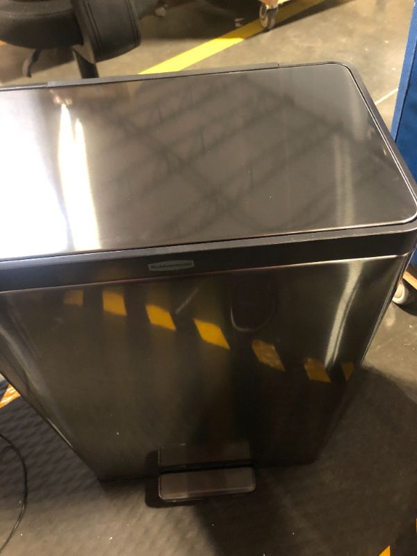 Photo 4 of ****HASA SEVERAL LARGE DENTS***** Rubbermaid Stainless Steel Metal Step-On Trash Can for Home and Kitchen, Charcoal, 12 Gallon, 2112520