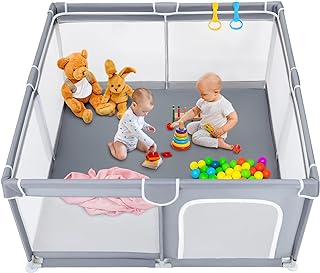 Photo 1 of Baby Playpen for Toddler, Large Baby Playard, Indoor & Outdoor Kids Activity Center with Anti-Slip Base, Sturdy Safety Play Yard with Soft Breathable Mesh, Playpen for Babies(Gray,50”×50”)