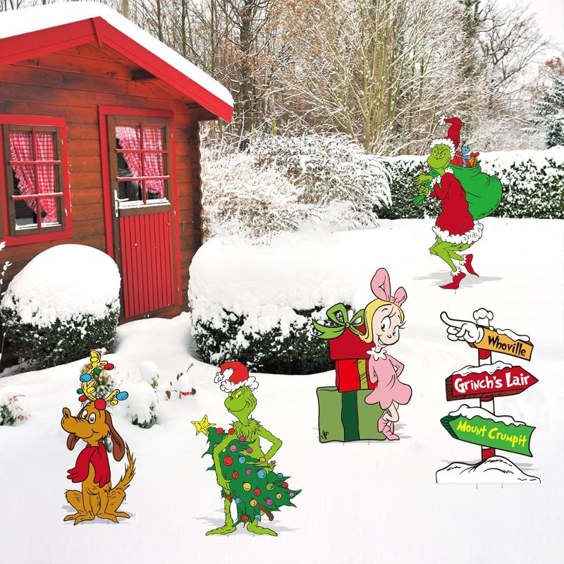 Photo 1 of 5PCS Grinchs Christmas Decorations, Grinchs Yard Signs with Stakes,Outdoor Whoville Decor for Christmas Tree Garden Lawn