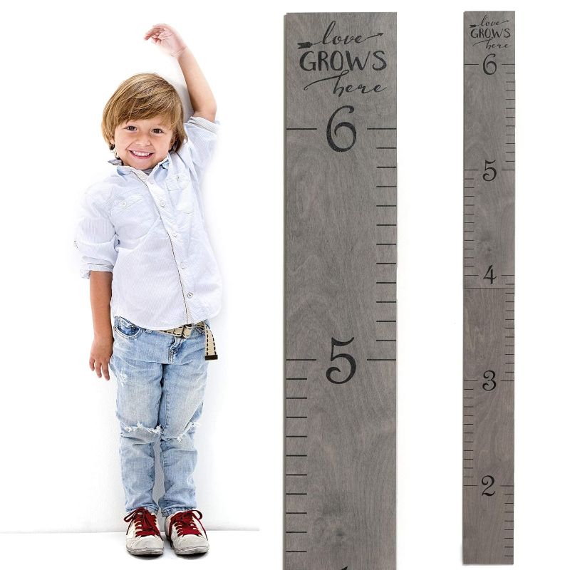 Photo 1 of " Headwaters Studio Wooden Ruler Growth Chart for Kids, Boys & Girls - Height Chart & Height Measurement for Wall - Kids Nursery Wall Decor & Room Hanging Wall Decor - Love Grows Here - Gray" Love Grows Gray