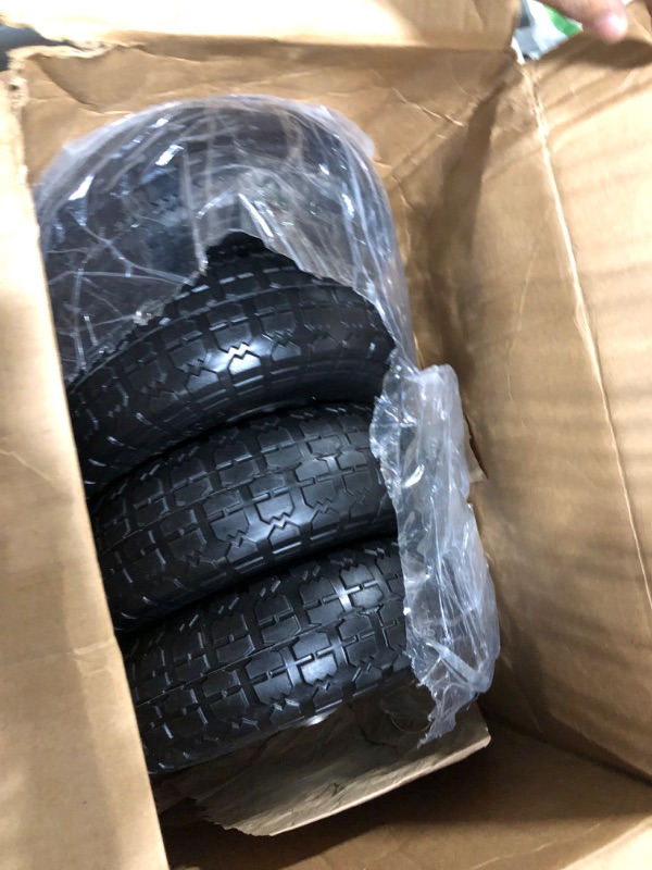 Photo 3 of 4.10/3.50-4 Tires and Wheels Flat Free 10 Inch Solid Tires Replacement with Universal 5/8" Axle Bore Hole, for Gorilla Cart, Garden Wagon, Wheelbarrow, Hand Truck, Trolley, Lawn Mower?4 Pack 10"-4P Black