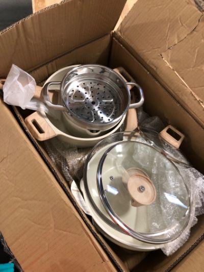 Photo 4 of ** Missing a few / minor damaged ** CAROTE Pots and Pans Set Nonstick, White Granite Induction Kitchen Cookware Sets, 10 Pcs Non Stick Cooking Set w/ Frying Pans & Saucepans(PFOS , PFOA Free) 10 pcs White Granite Cookware Set