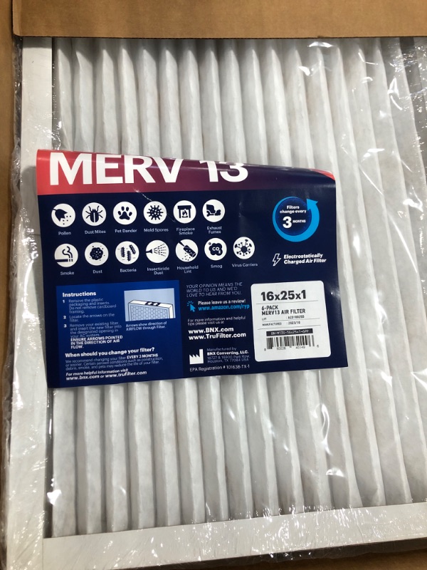 Photo 2 of BNX TruFilter 16x25x1 MERV 13 (6-Pack) AC Furnace Air Filter - MADE IN USA - Electrostatic Pleated Air Conditioner HVAC AC Furnace Filters - Removes Pollen, Mold, Bacteria, Smoke (Actual Size: 15 11/16’’ x 24 11/16’’ x 3/4‘’) 16x25x1 6-Pack