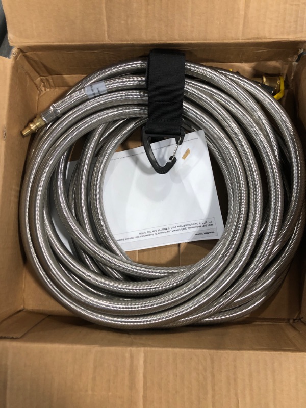 Photo 3 of ***MISSING ELBOW ADAPTOR***

NQN 24FT Male/Female Quick-Connect Low Pressure RV Propane Extension Stainless Braided Hose, 