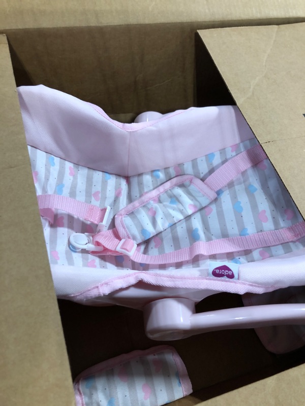 Photo 3 of Adora Baby Doll Car Seat - Pink Car Seat Carrier, Fits Dolls Up to 20 inches, Stripe Hearts Design, Multicolor Classic Pastel Pink and Blue