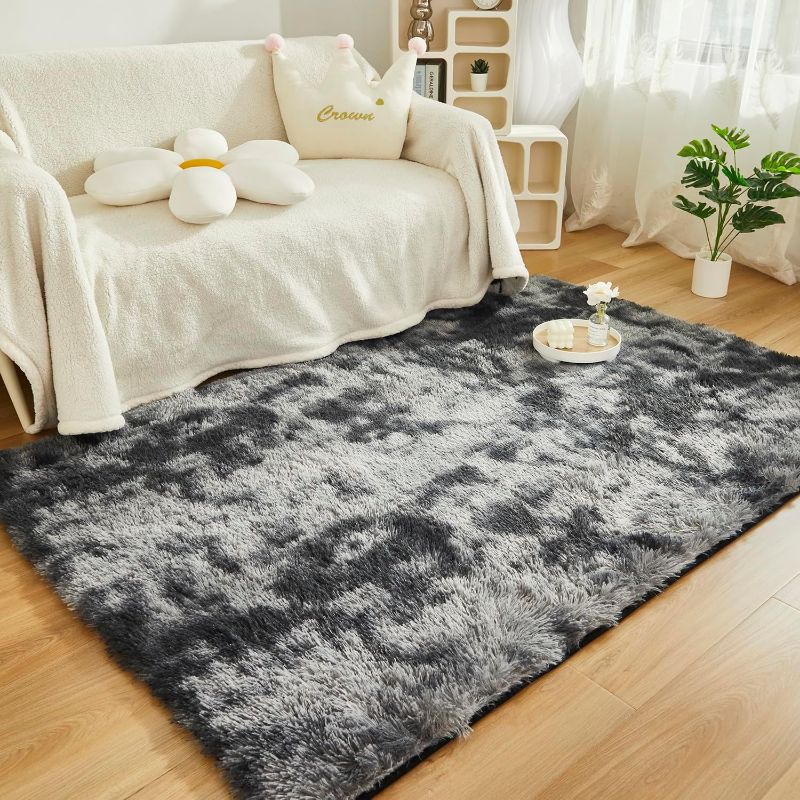 Photo 1 of  Dark Grey Plush Shaggy Area Rugs, Faux Fur Fluffy Rug for Kids Teens Boys Girls, Non-Skid Tie Dye Bedroom Living Room Carpet, Soft Furry Aesthetic Home Decor 