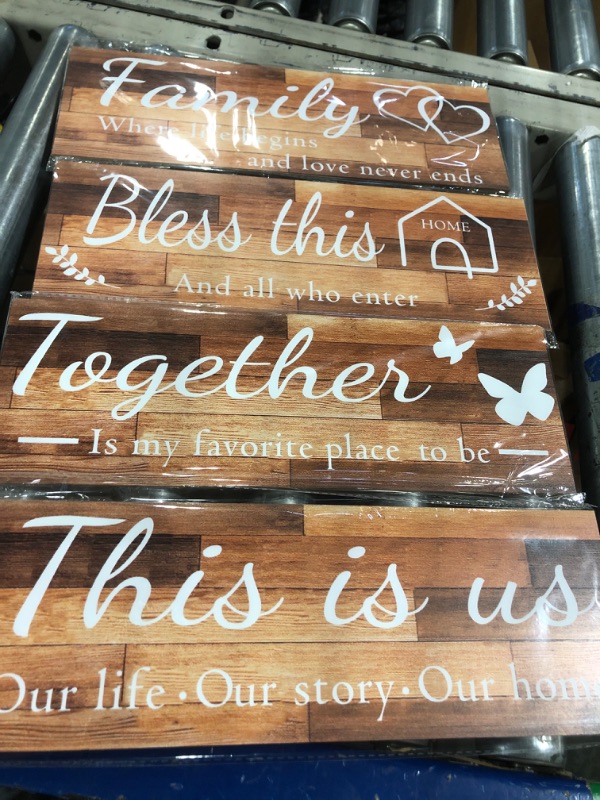 Photo 3 of 4 Pieces Home Wall Signs, THIS IS US/TOGETHER/BLESS THIS HOME/FAMILY Wall Decor For Living Room Bedroom, Rustic Wooden Farmhouse Wall Art , 4.7 x 13.8 Inch(Brown)