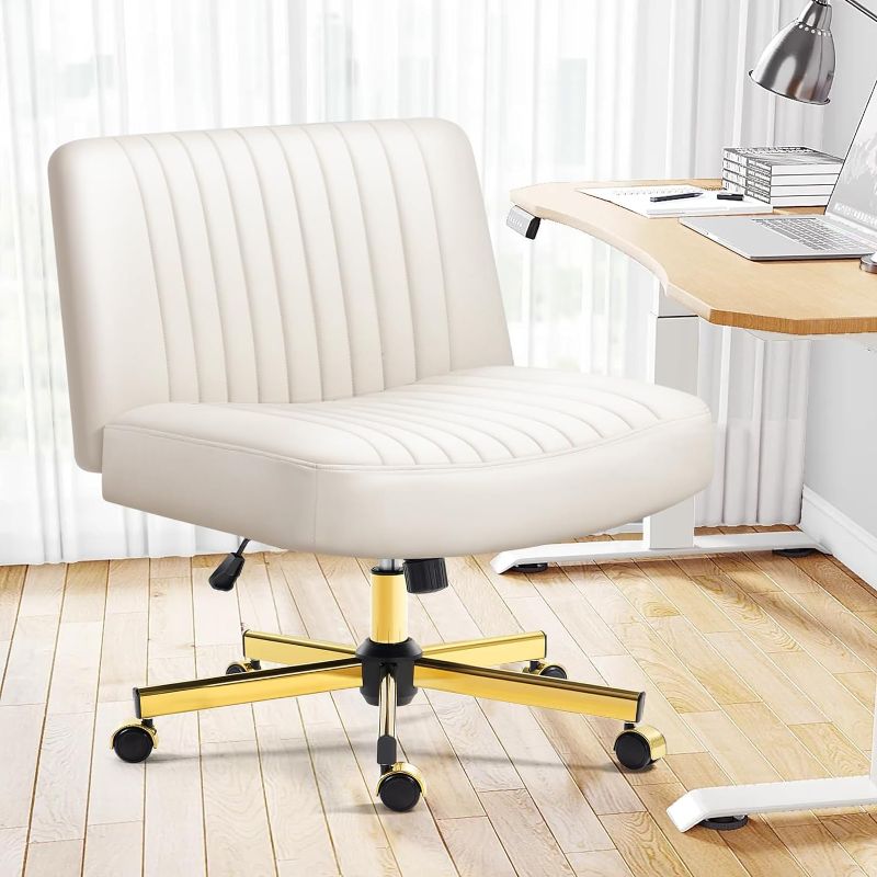 Photo 1 of Darkecho Armless Office Desk Chair with Golden Wheels,Thick Padded Leather Cross Legged Wide Chair with Pocket Spring Cushion,Comfortable Adjustable Computer Task Vanity Chair for Home Office,White