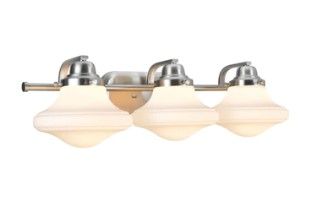 Photo 1 of # 62075 THREE-LIGHT METAL BATHROOM VANITY WALL LIGHT FIXTURE, 24 1/2" WIDE, TRANSITIONAL DESIGN IN BRUSHED NICKEL WITH OPAL ETCHED GLASS SHADE