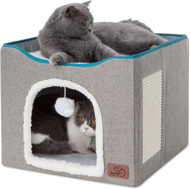 Photo 1 of Bedsure Cat Beds for Indoor Cats - Large Cat Cave for Pet Cat House with Fluffy Ball Hanging and Scratch Pad, Foldable Cat Hideaway,16.5x16.5x13 inches, Grey