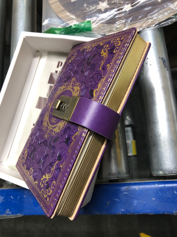 Photo 3 of Mazeran Combination Lock Journal, Vintage Elegant Leather Hard Cover Floral Embossed Notebook Diary, 256 Pages Lined Golden Gilded Password Locking Personal Planner, Gift for Women Girls (Boxed) Purple