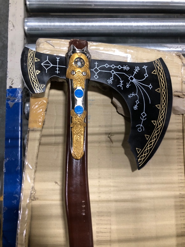 Photo 4 of Handmade God of War Kratos Leviathan Axe Replica Cosplay Armour Costume Weapon War Axe Prop 440 Treated Steel Edge Carved Wooden Handle for Better Grasp