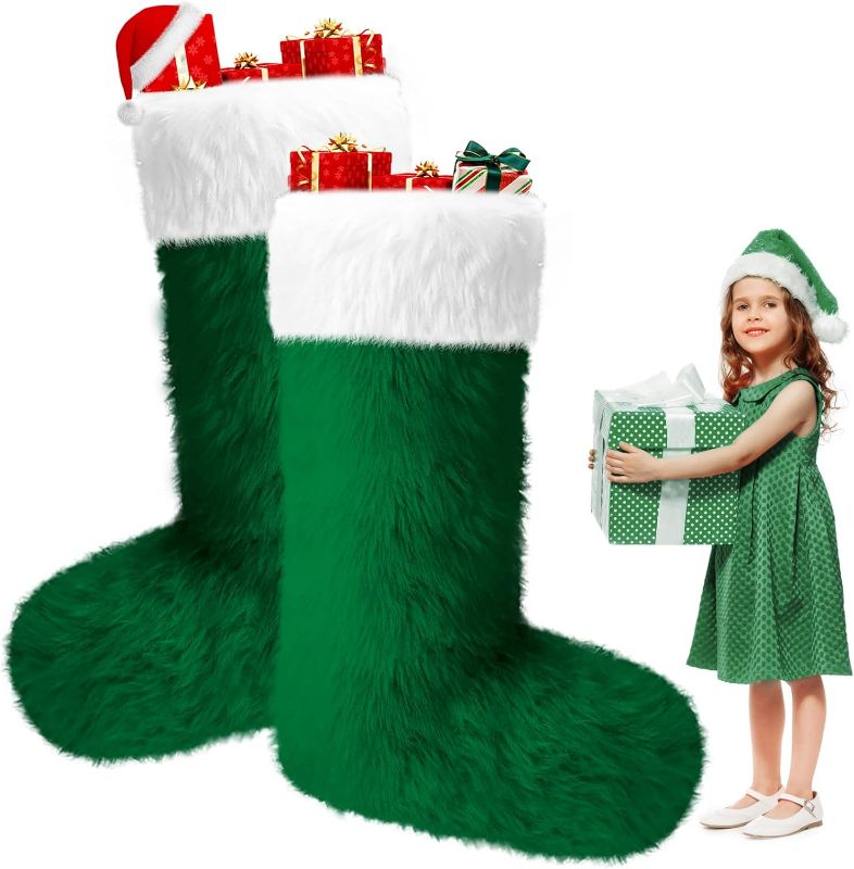 Photo 1 of zzhxkjhky 4 Packs 45” Jumbo Christmas Stockings Giant Christmas Green Velvet Stockings Plush Large Christmas Stockings for Xmas Party Decorations Christmas Tree Decor (Green)
