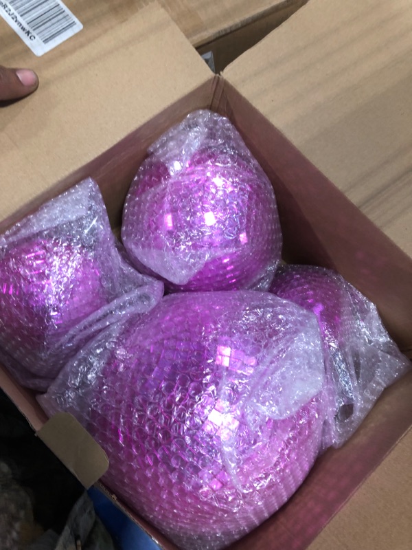 Photo 3 of 4 Pcs Large Pink Disco Ball Mirror Disco Ball 70s Mellow Pink Disco Ball Hanging Disco Ball Stage Lightning Effect Ball for 70s Theme Party DJ Stage Props Wedding Birthday Decoration(8", 6", 4")